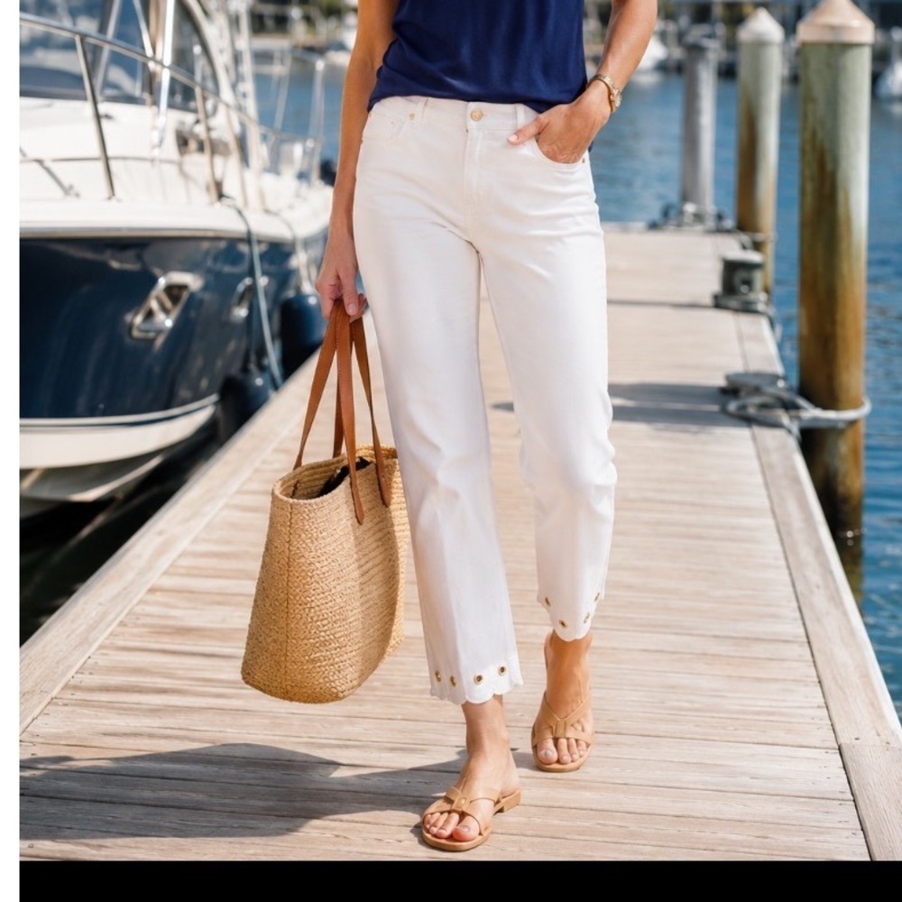 Michael Kors sz 14 White Scalloped Grommet Hem Cropped‎ Straight Leg Jeans